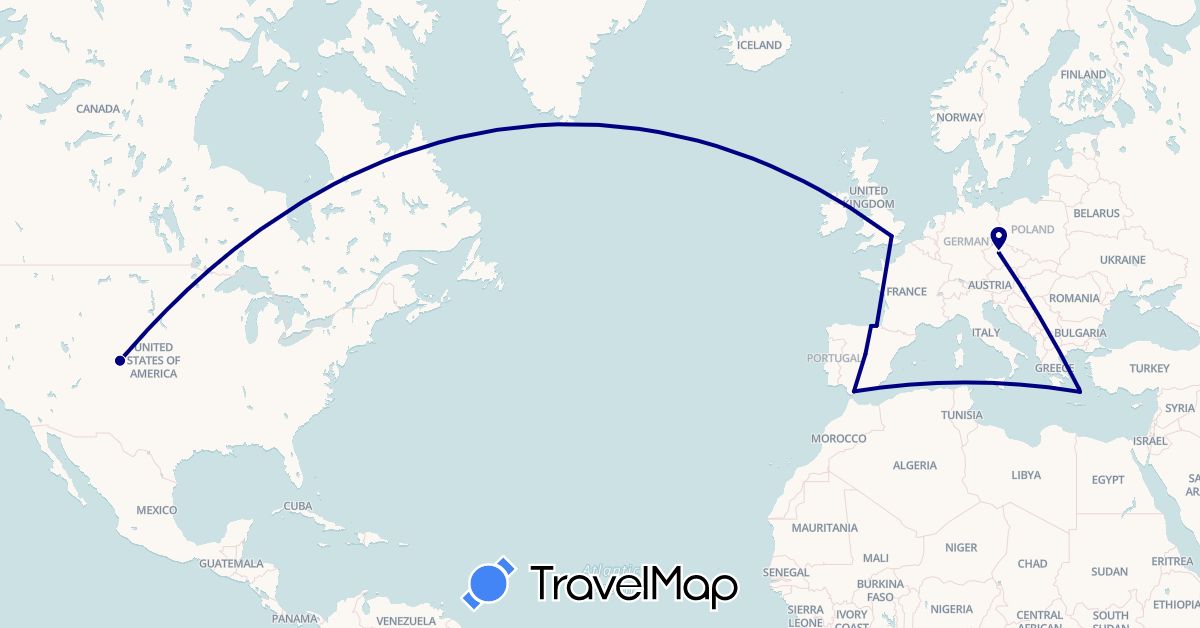 TravelMap itinerary: driving in Czech Republic, Spain, United Kingdom, Greece, United States (Europe, North America)